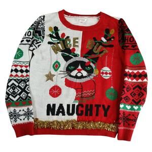 No Boundaries Christmas Sweater Womens Large Red Nice But Naughty Cat Holiday